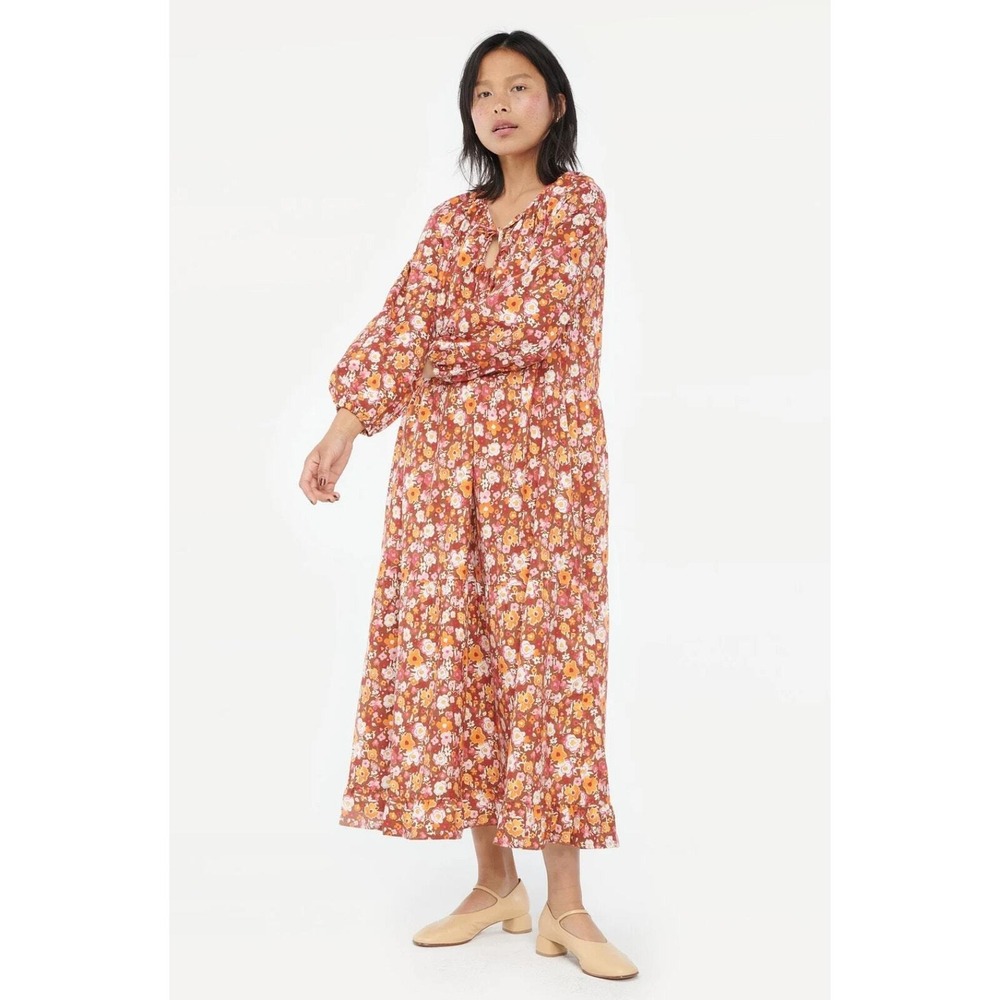 LACAUSA Berkeley Ruffle Midi Dress Women XS Brown Floral Boho Tiered Long Sleeve